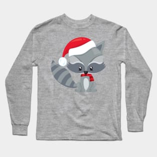 Christmas Raccoon, Cute Raccoon, Santa Hat, Scarf Long Sleeve T-Shirt